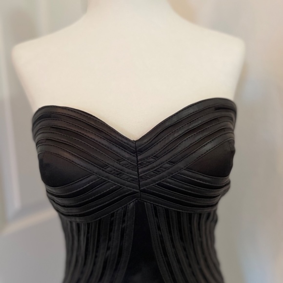 Black Satin Mini dress w/ Faux Leather accents Strapless LBD S/M - Picture 3 of 8